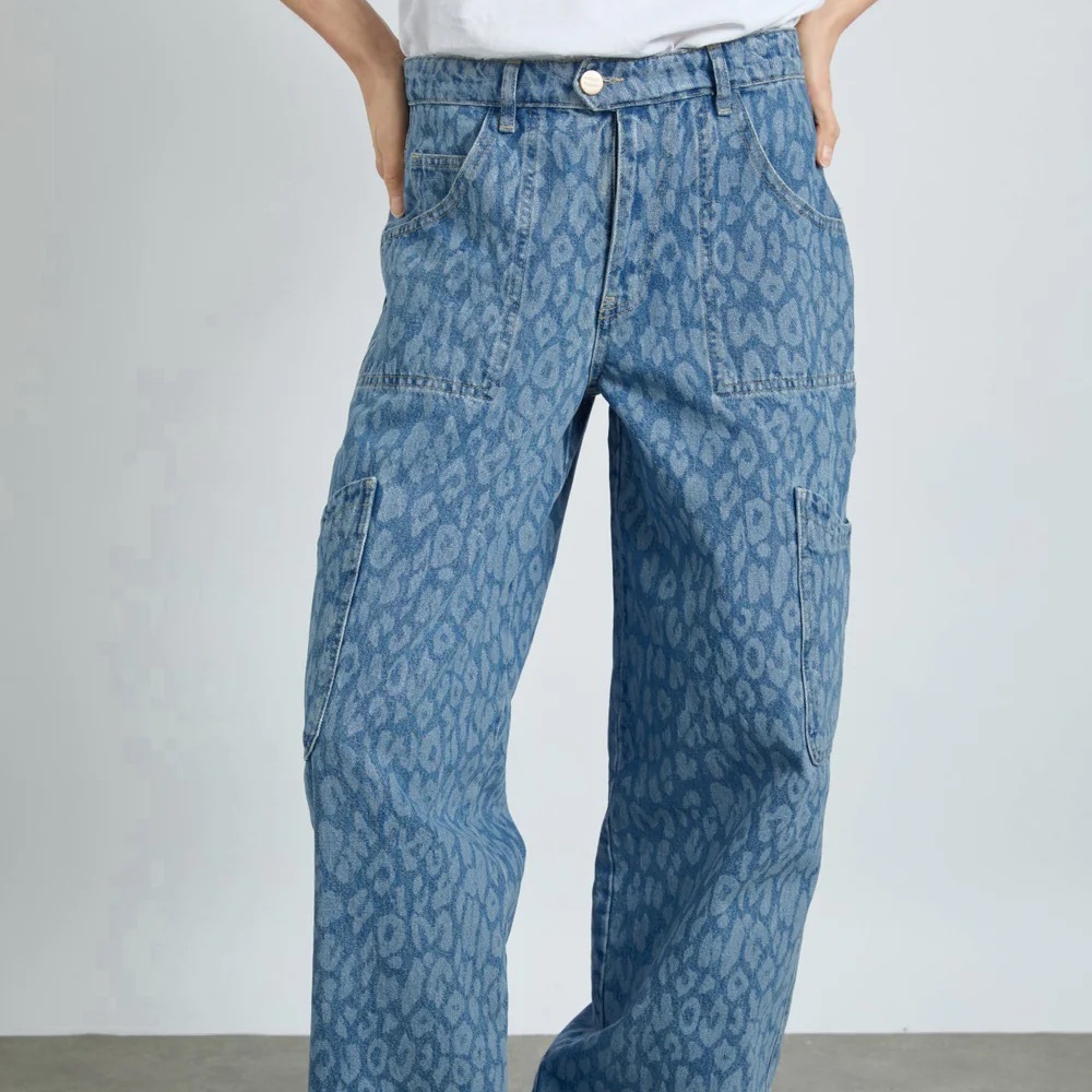 Damson Madder Drew Cargo Jeans Blue Leopard Print Designer Womens Denim